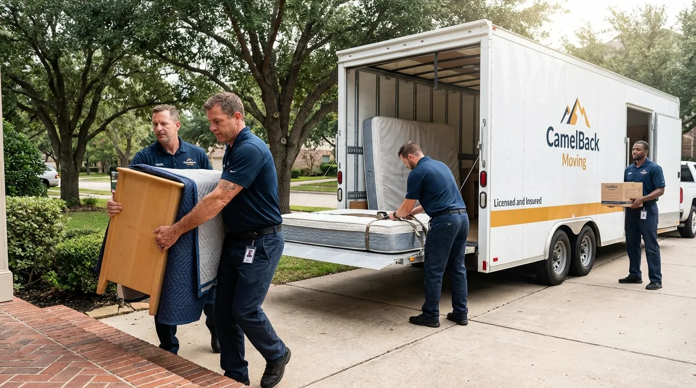 Crew loading residential truck for cross-state move from Columbus, TX