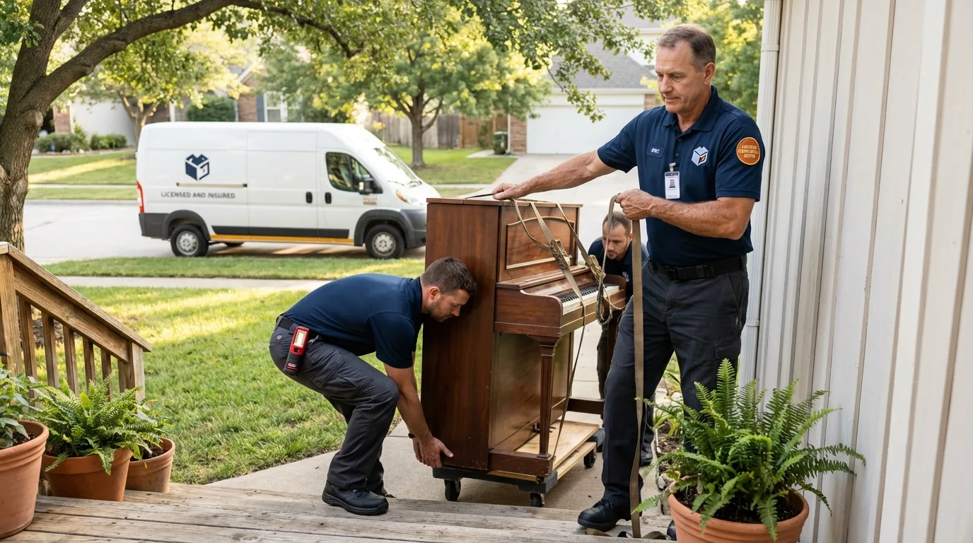 Licensed piano movers securing grand piano in Columbus, TX